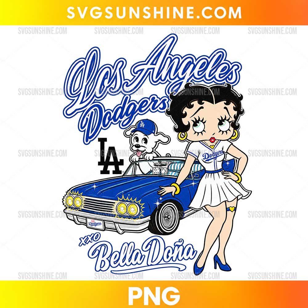 Los Angeles Dodgers Betty Boop PNG featuring a retro cartoon woman, blue vintage convertible, small dog, and baseball-inspired lettering