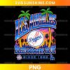 Los Angeles Dodgers Bleed Blue PNG featuring blue and red lettering, palm trees, a colorful sunset skyline, and a central baseball graphic