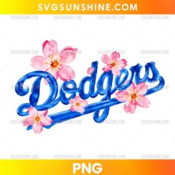 Los Angeles Dodgers Cherry Blossom PNG with blue watercolor script lettering and pink cherry blossom flowers