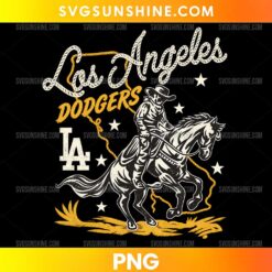 Los Angeles Dodgers Cowboy PNG featuring a cowboy riding a horse, rope lettering, gold accents, and an LA monogram