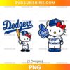 Los Angeles Dodgers Hello Kitty PNG Bundle featuring two baseball designs with blue caps, red bows, white uniforms, a wooden bat, and a foam finger