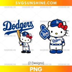 Los Angeles Dodgers Hello Kitty PNG Bundle featuring two baseball designs with blue caps, red bows, white uniforms, a wooden bat, and a foam finger
