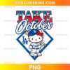 Los Angeles Dodgers Hello Kitty Take October PNG featuring a character in a blue baseball cap, red bow, white uniform, and holding a wooden bat