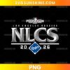 Los Angeles Dodgers NLCS 2026 PNG featuring metallic silver lettering, a blue diamond emblem, and black background