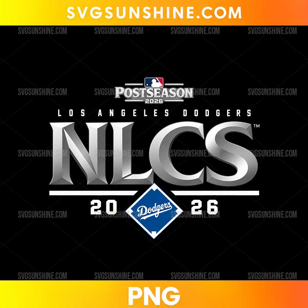 Los Angeles Dodgers NLCS 2026 PNG featuring metallic silver lettering, a blue diamond emblem, and black background