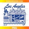 Los Angeles Dodgers PNG featuring a vintage royal blue baseball storefront, LA lettering, and checkerboard border