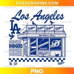 Los Angeles Dodgers PNG featuring a vintage royal blue baseball storefront, LA lettering, and checkerboard border