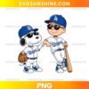 Los Angeles Dodgers Snoopy and Boy PNG featuring a cartoon beagle and young baseball fan in blue caps, white uniforms, and sunglasses