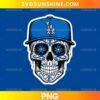 Los Angeles Dodgers Sugar Skull PNG featuring a blue baseball cap, decorative black and white skull, and blue floral eye patterns