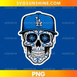Los Angeles Dodgers Sugar Skull PNG featuring a blue baseball cap, decorative black and white skull, and blue floral eye patterns