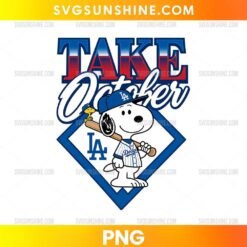 Los Angeles Dodgers Take October PNG featuring a cartoon white beagle in a blue baseball cap and pinstriped jersey holding a wooden bat