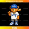 Los Angeles Dodgers Teddy Bear PNG featuring a brown teddy bear in a blue West Coast cap, white baseball jersey, gold chain, and blue sneakers