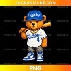 Los Angeles Dodgers Teddy Bear PNG featuring a brown teddy bear in a blue West Coast cap, white baseball jersey, gold chain, and blue sneakers