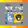 Los Angeles Dodgers vs Milwaukee Brewers 2026 NLCS PNG with white postseason lettering, blue and gold panels, baseball emblem, and central VS graphic