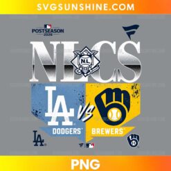 Los Angeles Dodgers vs Milwaukee Brewers 2026 NLCS PNG with white postseason lettering, blue and gold panels, baseball emblem, and central VS graphic