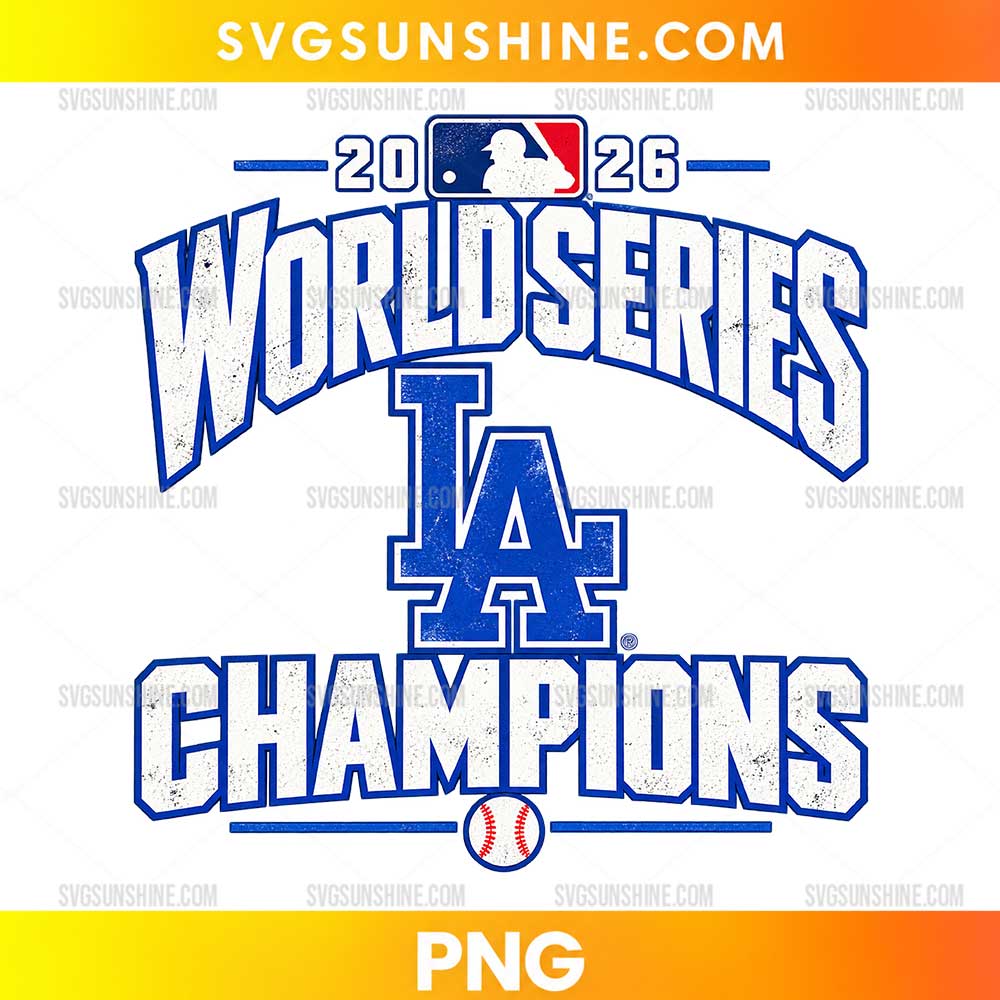 Los Angeles Dodgers World Series Champions 2026 PNG featuring distressed blue and white lettering, an LA monogram, and a baseball illustration