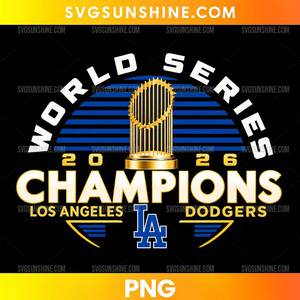 Los Angeles Dodgers World Series Champions 2026 PNG featuring a golden trophy, blue stripes, gold lettering, and an LA-inspired monogram