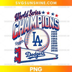 Los Angeles Dodgers World Series Champions PNG featuring bold blue and red lettering, a baseball with an LA-style monogram, championship years, and a vintage pennant.