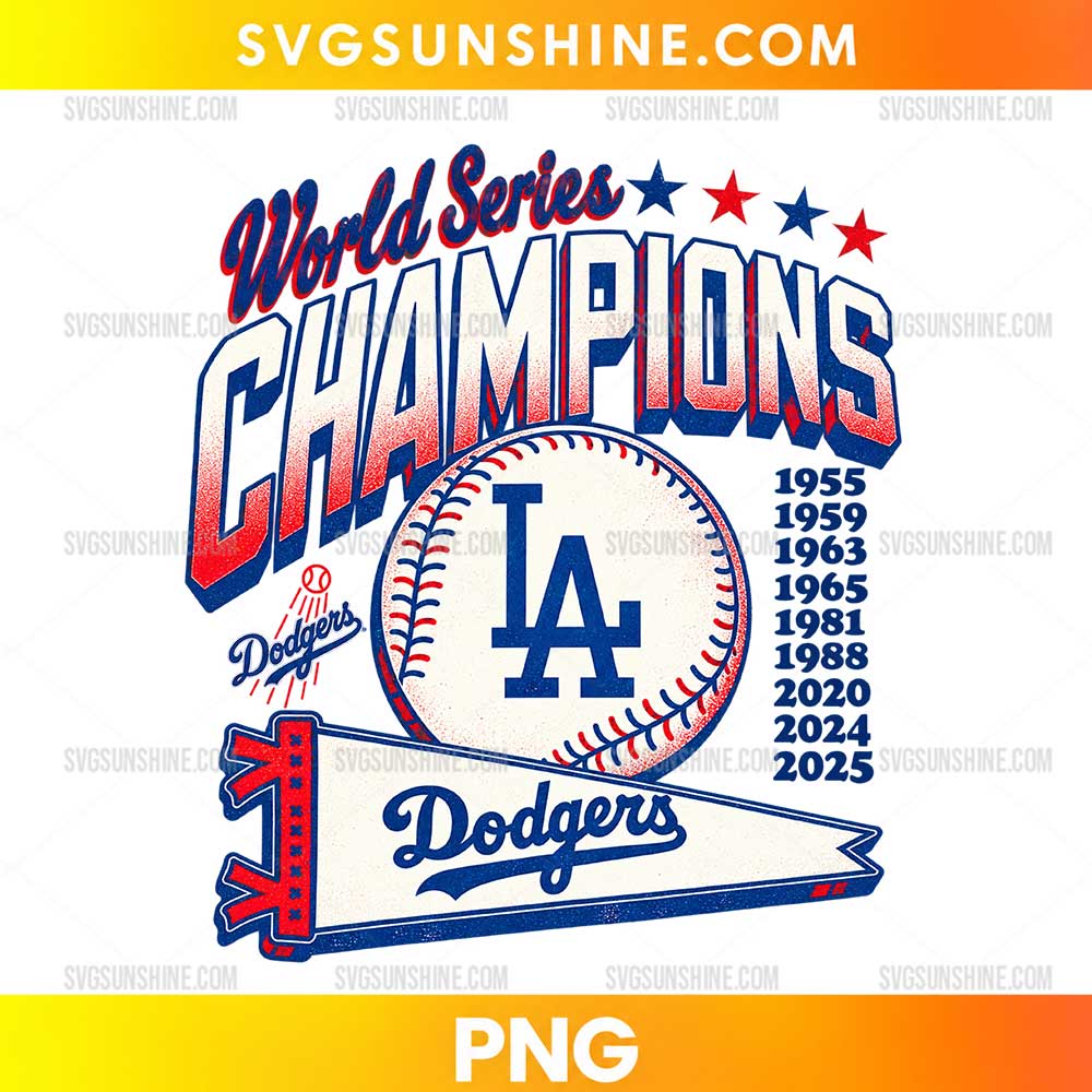 Los Angeles Dodgers World Series Champions PNG featuring bold blue and red lettering, a baseball with an LA-style monogram, championship years, and a vintage pennant.