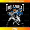 Los Angeles Triple Threat PNG featuring three baseball player illustrations, distressed white lettering, and blue and red accents