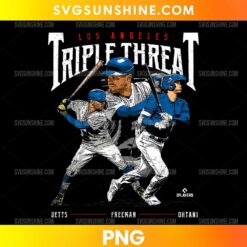 Los Angeles Triple Threat PNG featuring three baseball player illustrations, distressed white lettering, and blue and red accents