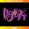 LSU Tigers PNG featuring purple cursive lettering, gold glitter accents, a tiger mascot face, and LSU initials.