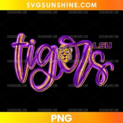 LSU Tigers PNG featuring purple cursive lettering, gold glitter accents, a tiger mascot face, and LSU initials.