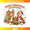 Merry Christmas Chipmunks PNG featuring two cute chipmunks, reindeer antlers, a Santa hat, Christmas presents, candy canes, and festive lights.