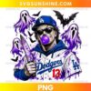 Michael Myers LA Dodgers Halloween PNG featuring a masked baseball character, purple bubble gum, floating ghosts, and black bats
