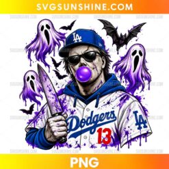 Michael Myers LA Dodgers Halloween PNG featuring a masked baseball character, purple bubble gum, floating ghosts, and black bats