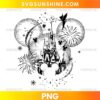 Mickey Castle Magic PNG with a fantasy castle, flying fairy, fireworks, balloons, stars, and mouse-ear silhouette in black and white.