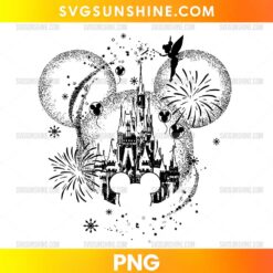 Mickey Castle Magic PNG with a fantasy castle, flying fairy, fireworks, balloons, stars, and mouse-ear silhouette in black and white.