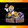 Mickey LSU Geaux Tigers PNG featuring a football mouse character, purple and gold helmet, footballs, tiger head, and bold sports lettering.