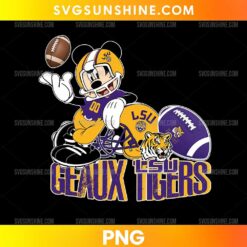 Mickey LSU Geaux Tigers PNG featuring a football mouse character, purple and gold helmet, footballs, tiger head, and bold sports lettering.