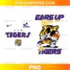 Mickey LSU Tigers PNG featuring a football mouse character, purple and gold uniform, tiger mascot, football, and Ears Up Game On lettering.