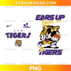 Mickey LSU Tigers PNG featuring a football mouse character, purple and gold uniform, tiger mascot, football, and Ears Up Game On lettering.