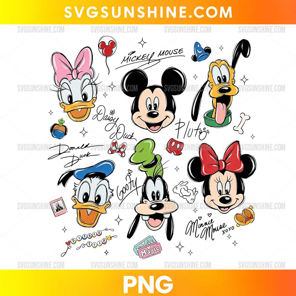 Mickey Mouse and Friends PNG featuring Mickey, Minnie, Donald Duck, Daisy Duck, Goofy, and Pluto cartoon illustrations