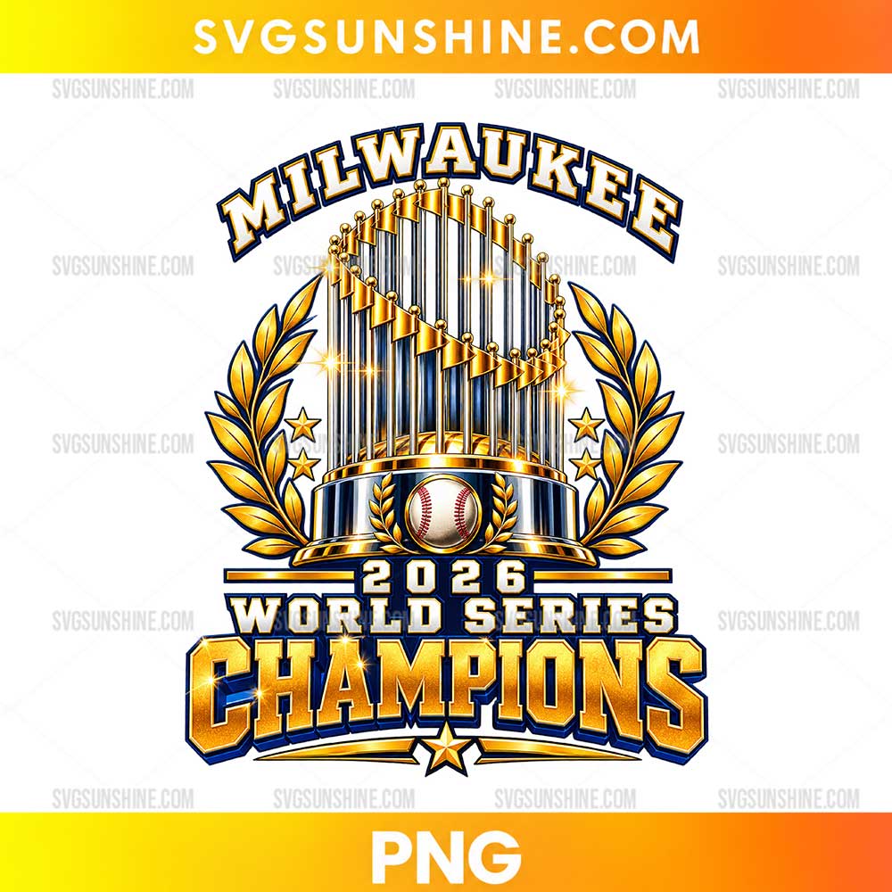 Milwaukee 2026 World Series Trophy PNG featuring a golden baseball trophy, laurel branches, stars, a baseball, and bold navy and gold championship lettering.