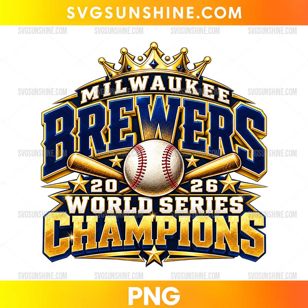 Milwaukee Brewers 2026 Champions Baseball PNG with royal blue and gold lettering, a golden crown, crossed baseball bats, and a central baseball.
