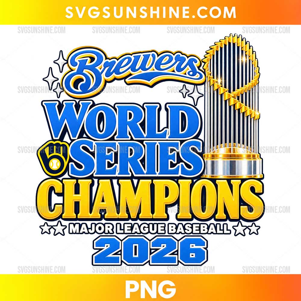Milwaukee Brewers 2026 Champions PNG featuring blue World Series lettering, golden Champions text, a metallic trophy, and decorative stars
