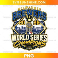 Milwaukee Brewers 2026 Championship Trophy PNG featuring navy and gold lettering, a central trophy, a Milwaukee skyline, and World Series Champions graphics.