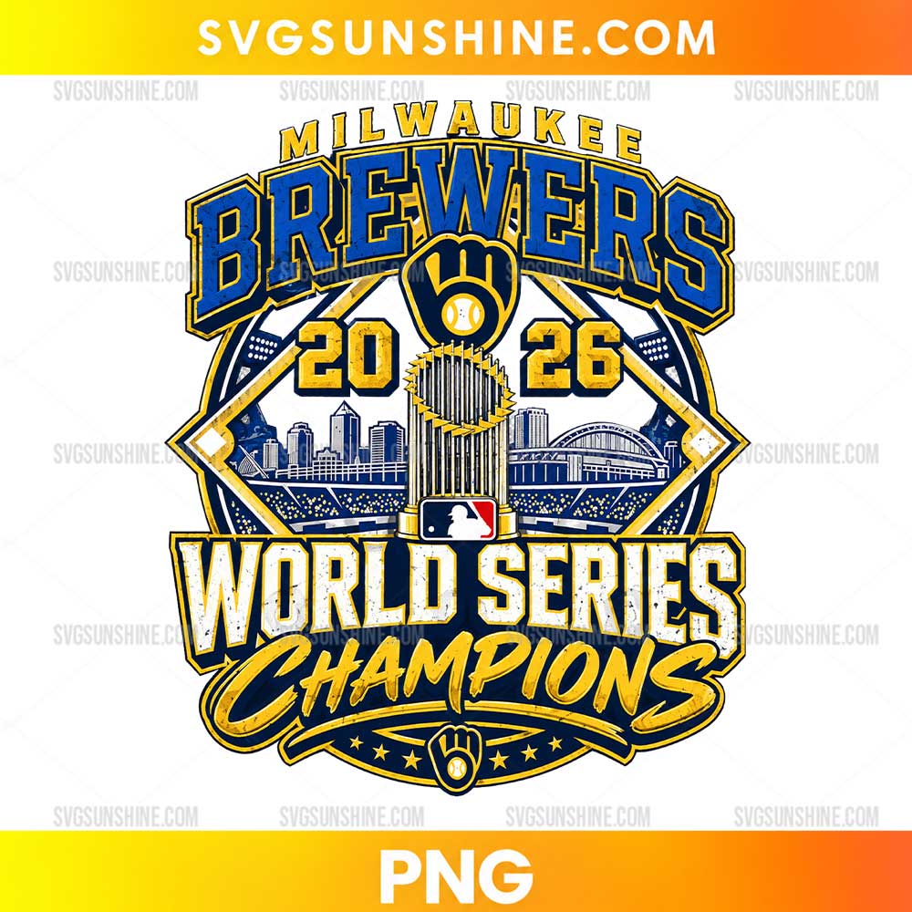 Milwaukee Brewers 2026 Championship Trophy PNG featuring navy and gold lettering, a central trophy, a Milwaukee skyline, and World Series Champions graphics.