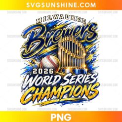 Milwaukee Brewers 2026 Championship Trophy PNG featuring blue and gold script lettering, a metallic gold trophy, a baseball, and colorful paint splashes.
