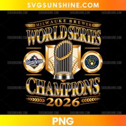 Milwaukee Brewers 2026 Gold World Series Emblem PNG featuring a golden championship trophy, navy blue glove emblem, circular baseball badges, and Champions lettering.