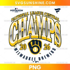 Milwaukee Brewers 2026 NL Central Champions PNG with silver CHAMPS lettering, gold outlines, navy blue baseball glove, and 2026 details