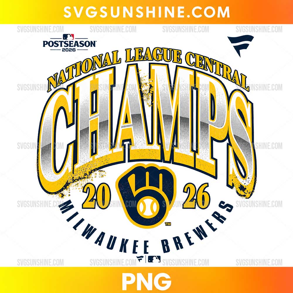Milwaukee Brewers 2026 NL Central Champions PNG with silver CHAMPS lettering, gold outlines, navy blue baseball glove, and 2026 details