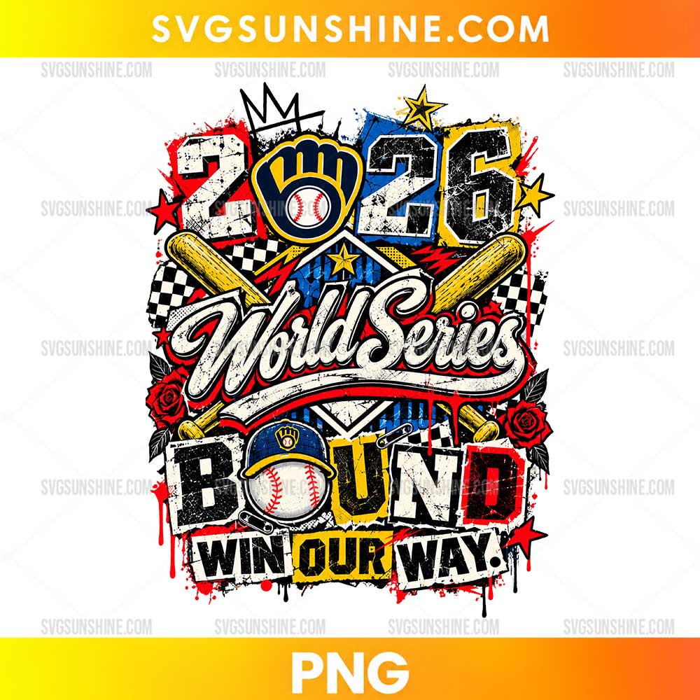 Milwaukee Brewers 2026 World Series Bound PNG featuring distressed lettering, crossed baseball bats, a baseball glove, checkerboard patterns, red roses, and gold stars.