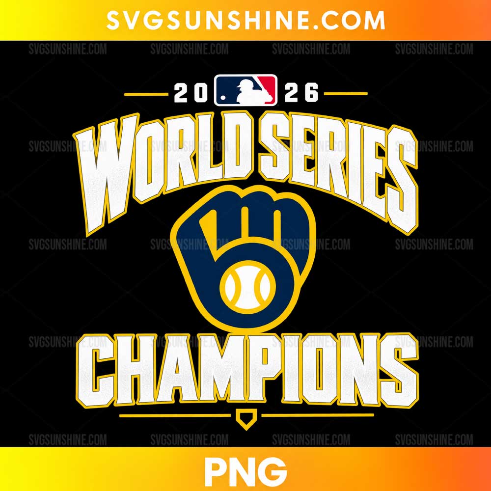 Milwaukee Brewers 2026 World Series Champions PNG with white lettering, gold outlines, navy blue baseball glove, and black background