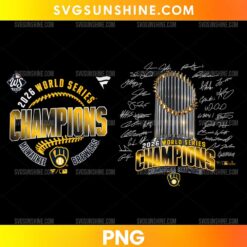 Milwaukee Brewers 2026 World Series Champions PNG featuring two designs with a golden championship trophy, baseball stitching, glove emblem, and signature details.