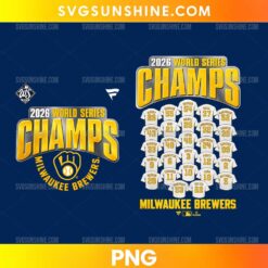Milwaukee Brewers 2026 World Series Champs PNG featuring golden championship lettering, a navy blue Brewers-inspired glove emblem, and illustrated white player jerseys.